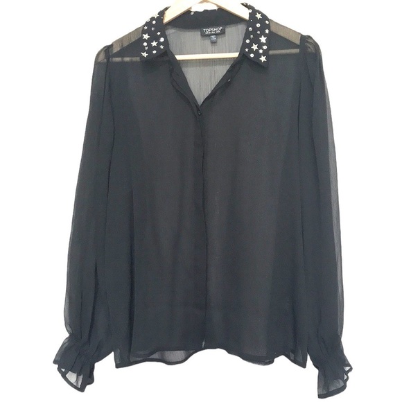 𝅺TOPSHOP black sheer long sleeve sequin collar shirt blouse sz 8 - Picture 1 of 11